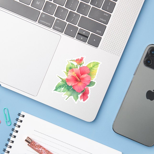 Sticker Hibiscus rose Aquarelle (Ordinateur portable avec iPhone)