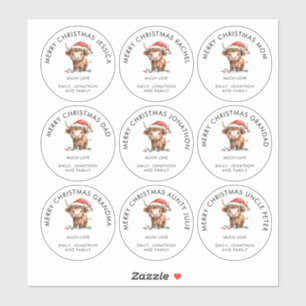 Sticker Highland Cow Nom individuel Joyeux Noël