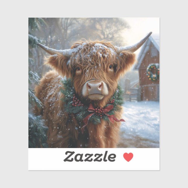 Sticker Highland Cow Rustic Barnyard Noël (Feuille)