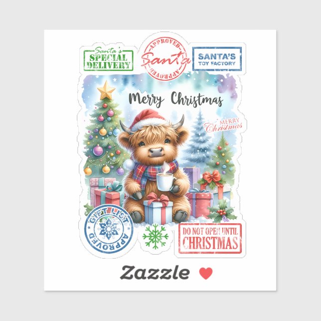 Sticker Highland Cow Sips by Christmas Tree (Feuille)