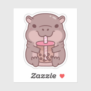 Sticker Hippopotame mignon buvant du thé aux bulles