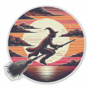 Sticker Homme Sorcière équitation Broom in sunset art illu