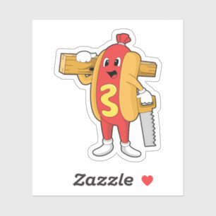 Sticker Hotdog as Carpenter with Saw & Wood