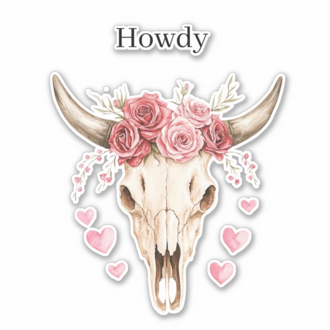 Sticker Howdy Skull Pink Roses Hearts (Devant)
