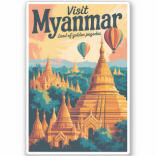 Sticker Illustration de pagodes du Myanmar Art de voyage v