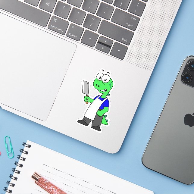 Sticker Illustration D'Un Boucher Rex Tyrannosaurus. (Ordinateur portable avec iPhone)