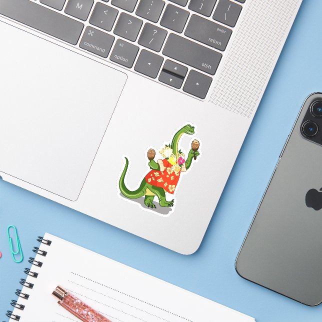 Sticker Illustration D'Un Brontosaurus Jouant À Maracas. (Ordinateur portable avec iPhone)