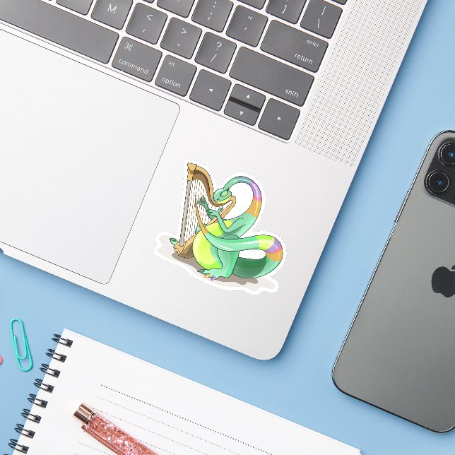 Sticker Illustration D'Un Plateosaure Jouant De La Harpe. (Ordinateur portable avec iPhone)