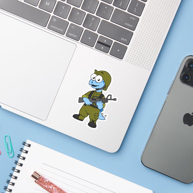 Sticker Illustration D'Un Soldat De Stegosaurus. (Ordinateur portable avec iPhone)