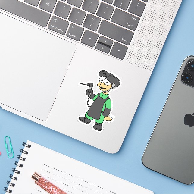 Sticker Illustration D'Un Soudeur De Stegosaurus. (Ordinateur portable avec iPhone)