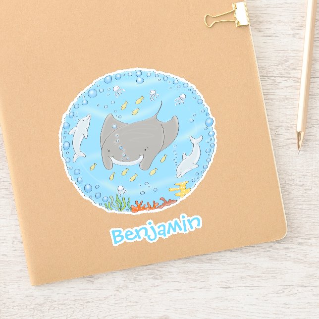 Sticker Illustration d'une mignonne raie manta et de dauph (Carnet)