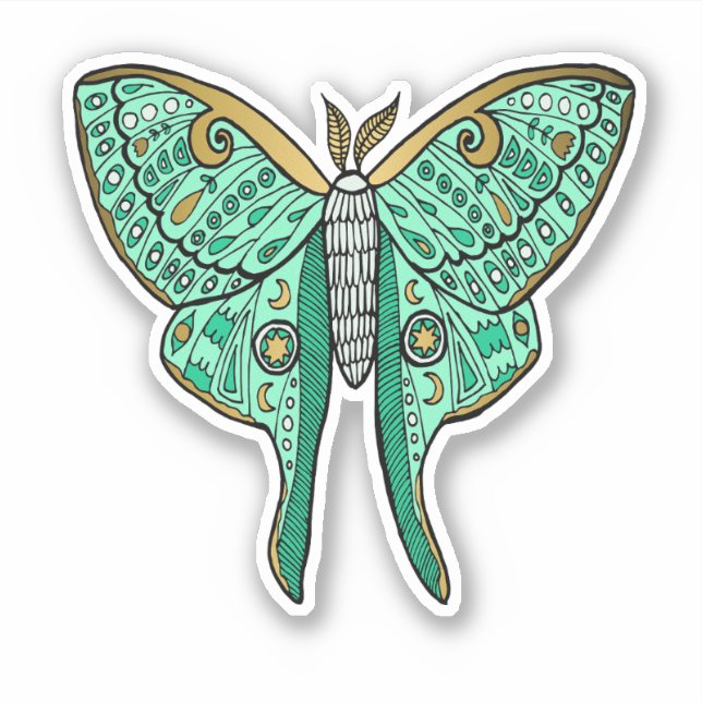 Sticker Illustration Luna Moth - Vert et Or (Devant)