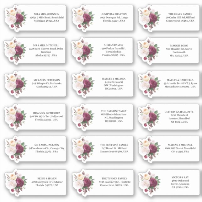 Sticker Invitations de mariage Bourgogne Adresse florale (Devant)