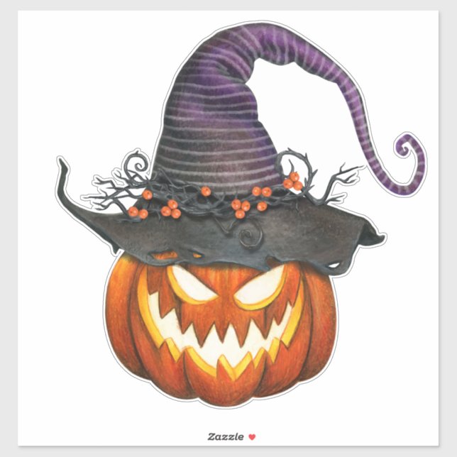 Sticker Jack-O-Lantern éffrayant avec Casquette de sorcièr (Feuille)