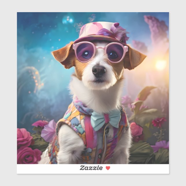 Sticker Jack Russell, Verres roses et casquette rose (Feuille)