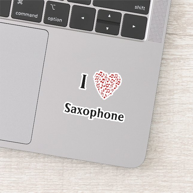 Sticker J'aime le Saxophone Coeur Rouge de Notes de Musiqu (Détail)