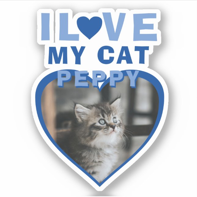 Sticker J'aime mon chat Bleu Coeur Photo Nom de l'animal (Devant)