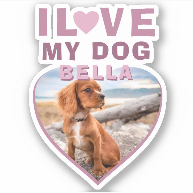 Sticker J'aime mon chien rose Coeur Photo Nom de l'animal (Devant)