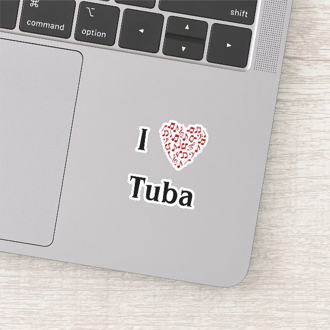 Sticker J'aime Tuba Rouge Cœur de notes de musique Vinyle (Détail)