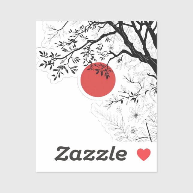 Sticker Japanese Red Sun & Brush Tree Art (Feuille)