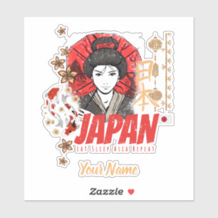 Sticker Japon Vintage Geisha avec drapeau Koi et Lotus Sou