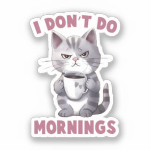 Sticker Je ne fais pas le matin - Chat gris avec café