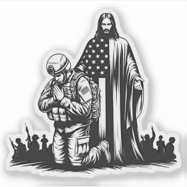 Sticker Jésus Christ avec un soldat militaire prier art (Devant)