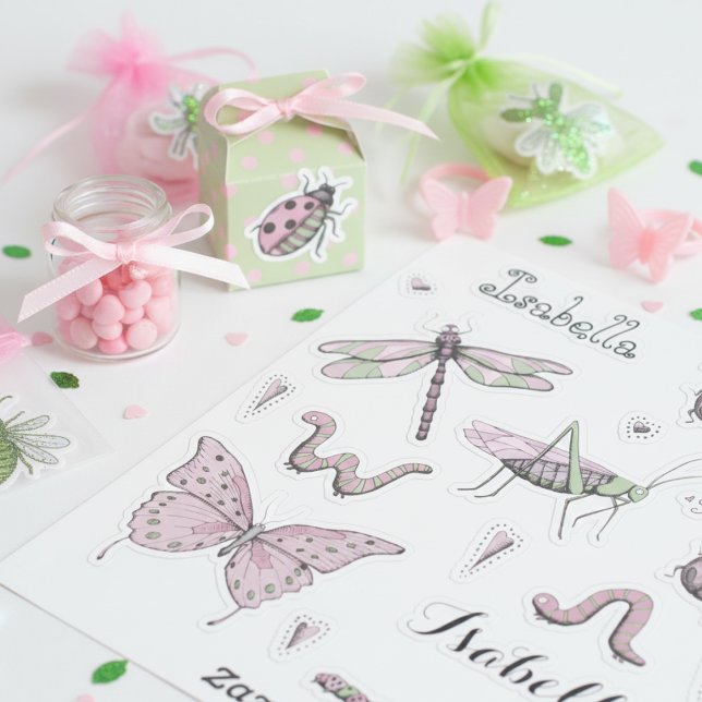 Sticker Jeu de 18 jolie rose rose doux petit critère (Cute Girly Insect Stickers for Kids. Pretty Pastel Pink & Green Butterfly & Ladybug Illustration)