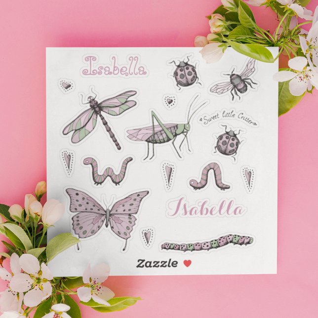 Sticker Jeu de 18 jolie rose rose doux petit critère (Adorable, girly ink drawing stickers of the cutest insects with 2 name stickers in Blush Pink.)