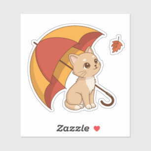 Sticker Joli Chat Chaton Rouge Jaune Parapluie Automne