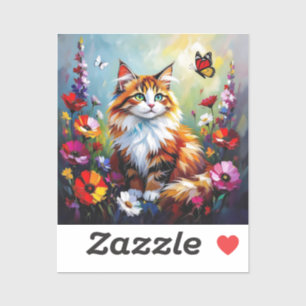 Sticker Joli chat fantaisiste, fleurs et papillons