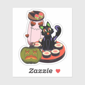 Sticker Joli chat noir d'Halloween assis sur des sushis