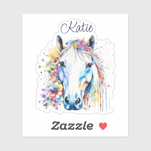 Sticker Joli Cheval Blanc Floral Personnalisé (Feuille)