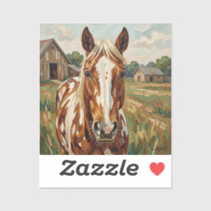Sticker Joli cheval brun et blanc dans une ferme rustique