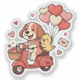 Sticker Joli chien de la Saint-Valentin en scooter, ballon