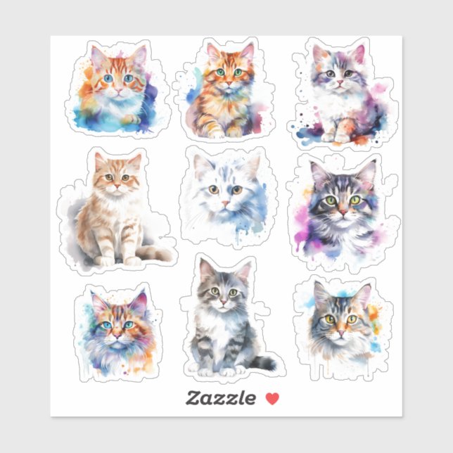 Sticker Joli Ensemble D'Expressions De Chat 9 Aquarelles (Feuille)