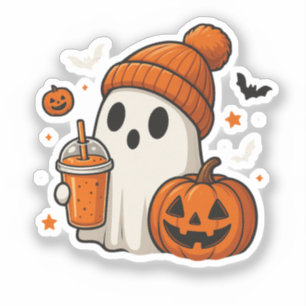 Sticker Joli fantôme d'Halloween avec citrouille et boisso