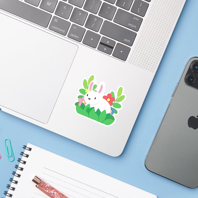 Sticker Joli Lapin Blanc Avec Fleurs (Ordinateur portable avec iPhone)