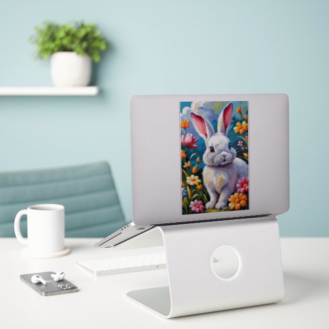 Sticker Joli Lapin Blanc Entouré de Fleurs Vibrantes (Ordinateur portable sur le bureau)