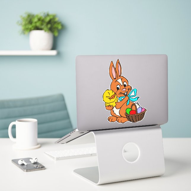 Sticker Joli lapin de Pâques Poussins Oeufs (Ordinateur portable sur le bureau)