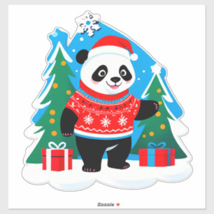 Sticker Joli panda avec un chapeau de Père Noël et un pull