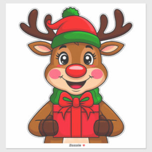 Sticker Joli renne de Noël tenir un cadeau