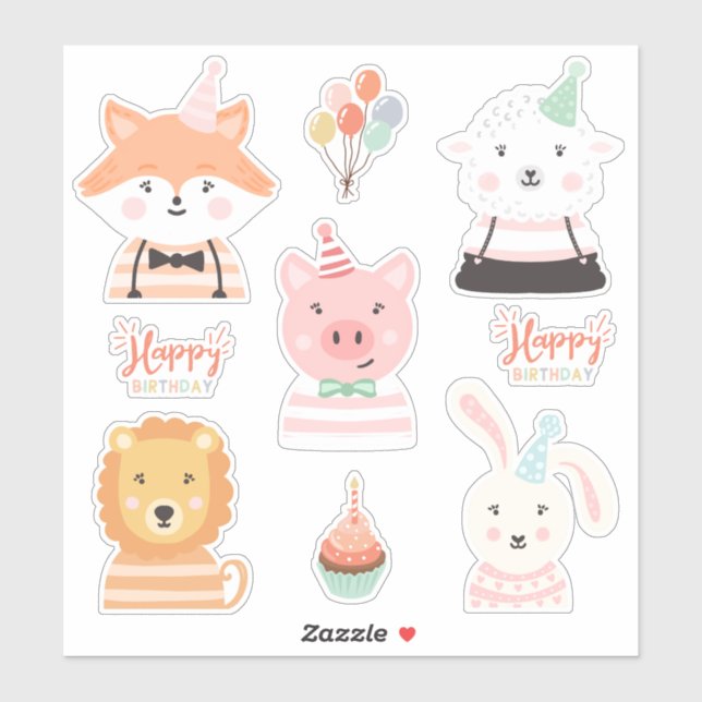 Sticker Jolie adorable Anniversaire Animaux de fête (Feuille)