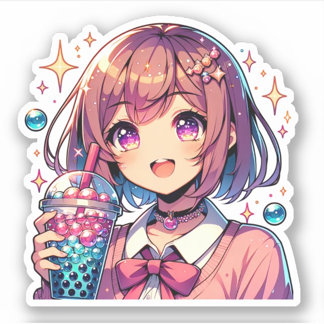 Sticker Jolie Anime Girl tenant Bubble Tea (Devant)