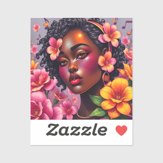 Sticker Jolie dame de couleur Fleurs roses Notes musicales (Feuille)