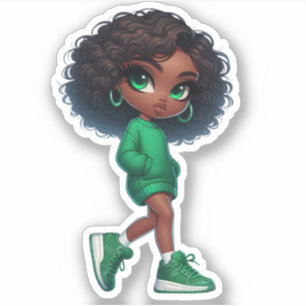 Sticker Jolie en vert mignon fille chibi noir