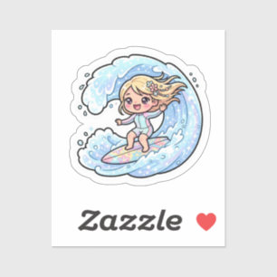 Sticker Jolie Fille de Surf Kawaii Vague Océanique Été Pla