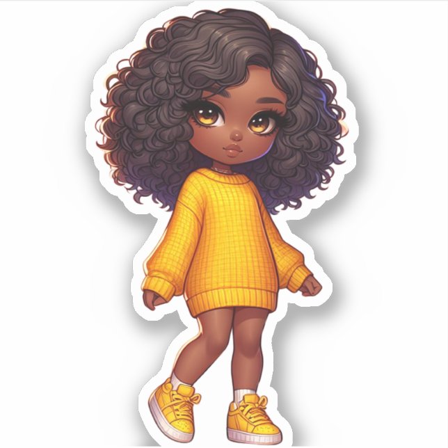 Sticker Jolie fille noire chibi en jaune (Devant)