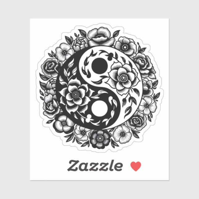 Sticker Jolie florale noire et blanche Yin Yang (Feuille)