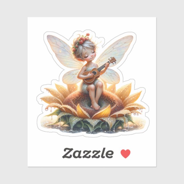 Sticker Jolie petite fée sur tournesol avec Ukulele (Feuille)